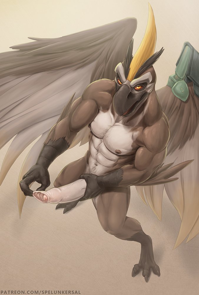 abs anthro avian beak benedict_(battleborn) body_hair chest_hair digitigrade foreskin genitals happy_trail humanoid_genitalia humanoid_penis looking_at_viewer male muscular muscular_male nipples nude penis solo spelunker_sal standing text url wings