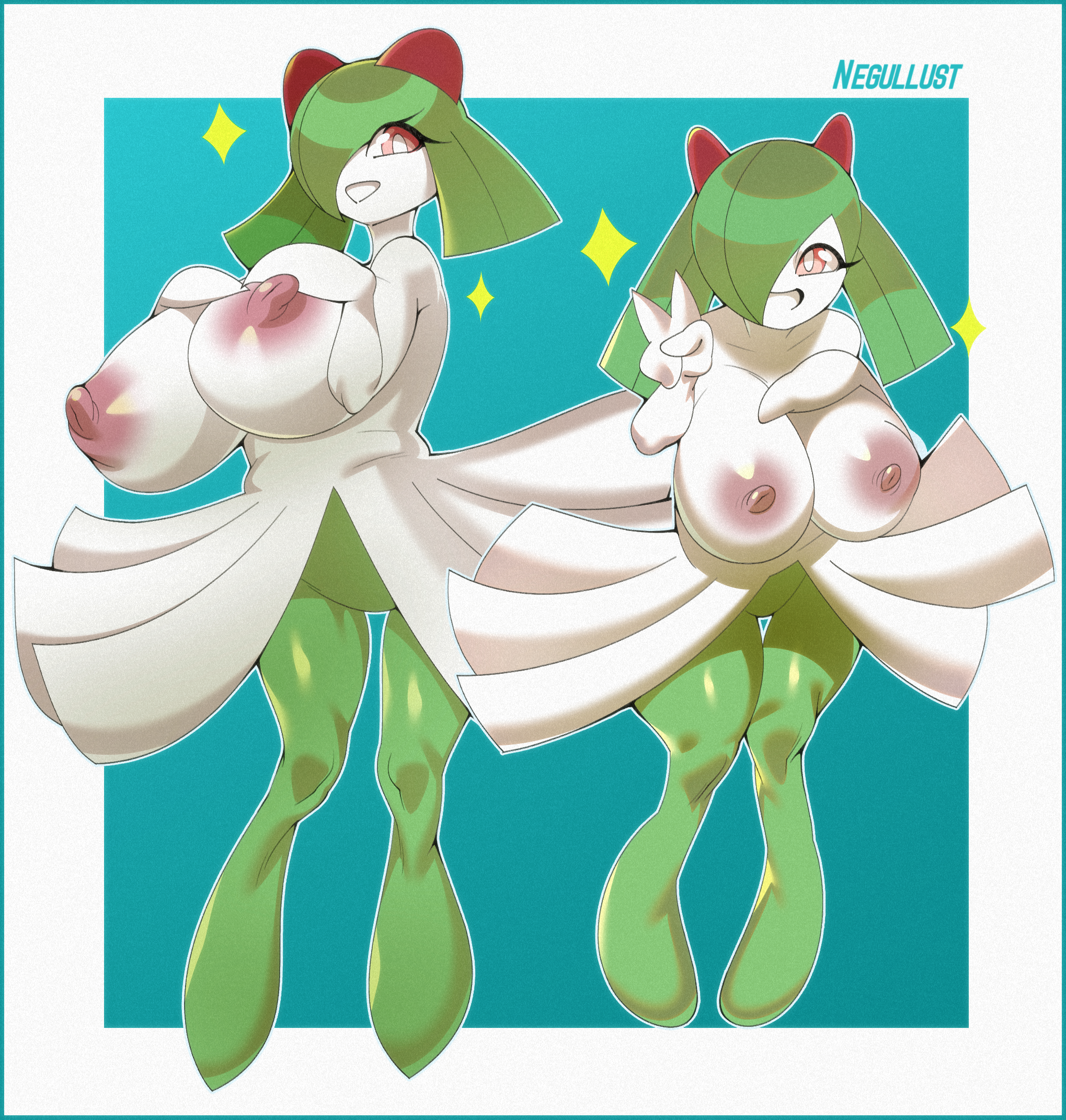 areola, areolae, artist name, bending forward, big breasts, blue background, breasts, eyelashes, eyelashes visible through hair, female, female only, green body, green hair, hair, hands on own breasts, kirlia, negullust, nintendo, nipples, no humans, nude, nude female, peace sign, pokémon (species), pokemon, pokemon (species), pokemon only, red eyes, red iris, solo, solo female, tagme, teenage girl, teeth, teeth clenched, white body, white pupils, white sclera