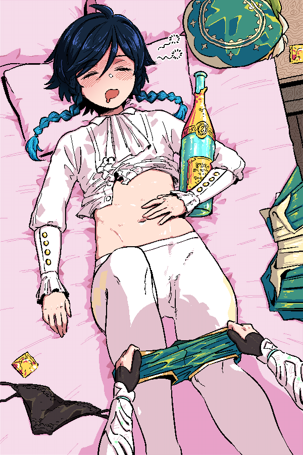 1boy 1girls belly blush bottle condom drooling drunk femboy genshin_impact imminent_sex kingbawoon male male_focus on_back on_bed panties pigtails sissy sleep_molestation sleeping trap tummy twink undressing venti_(genshin_impact)