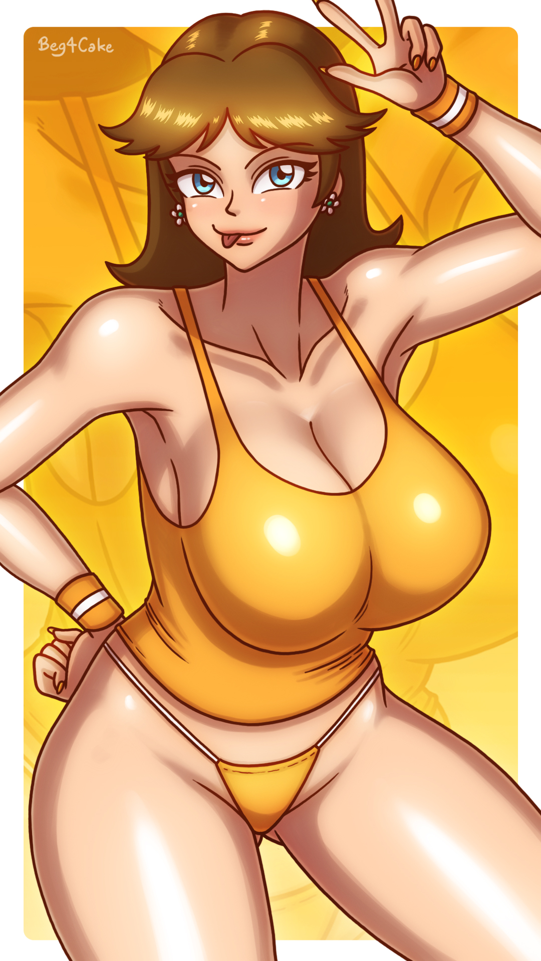 :p, 1girls, alternate breast size, arm up, armpits, beg4cake, big breasts, breasts, brown hair, busty, earrings, eyebrows visible through hair, female, female only, flower earrings, hand on hip, large breasts, legs, light skin, light-skinned female, looking at viewer, mario (series), midriff, nintendo, orange panties, orange tank top, panties, pose, posing, princess daisy, shoulder length hair, smile, tank top, thick thighs, thighhighs, thighs, tongue, tongue out, v, voluptuous