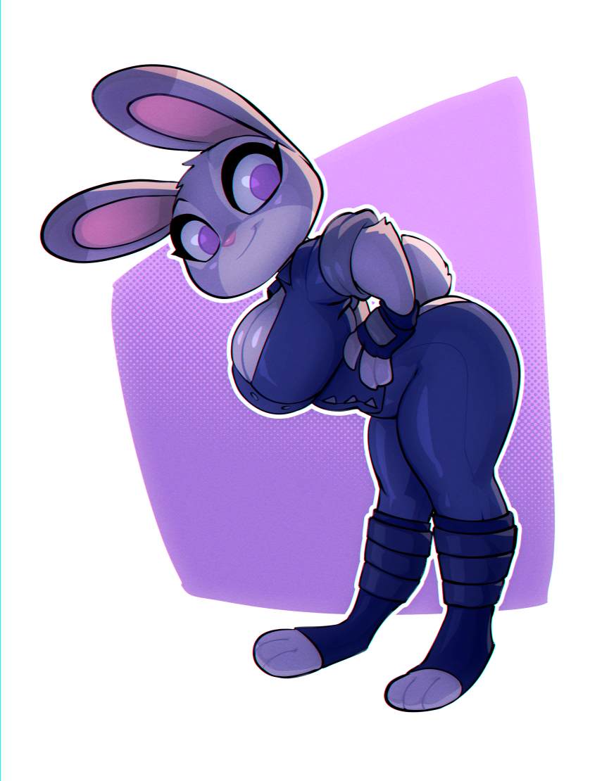 2022 big_breasts bigdad breasts cleavage clothed clothing darnact disney female female_focus female_only fur furry furry_only judy_hopps large_breasts polka_dot_background purple_background rabbit shortstack solo standing tail thick_thighs thighs white_background zootopia