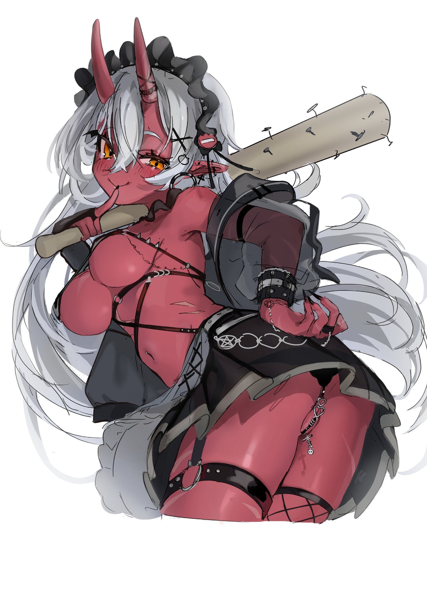 akumi, bat (object), c21h29n2o, demon, demon girl, demon horns, female, long hair, maid headdress, oni, red skin, tagme, virtual youtuber, vyugen, white hair