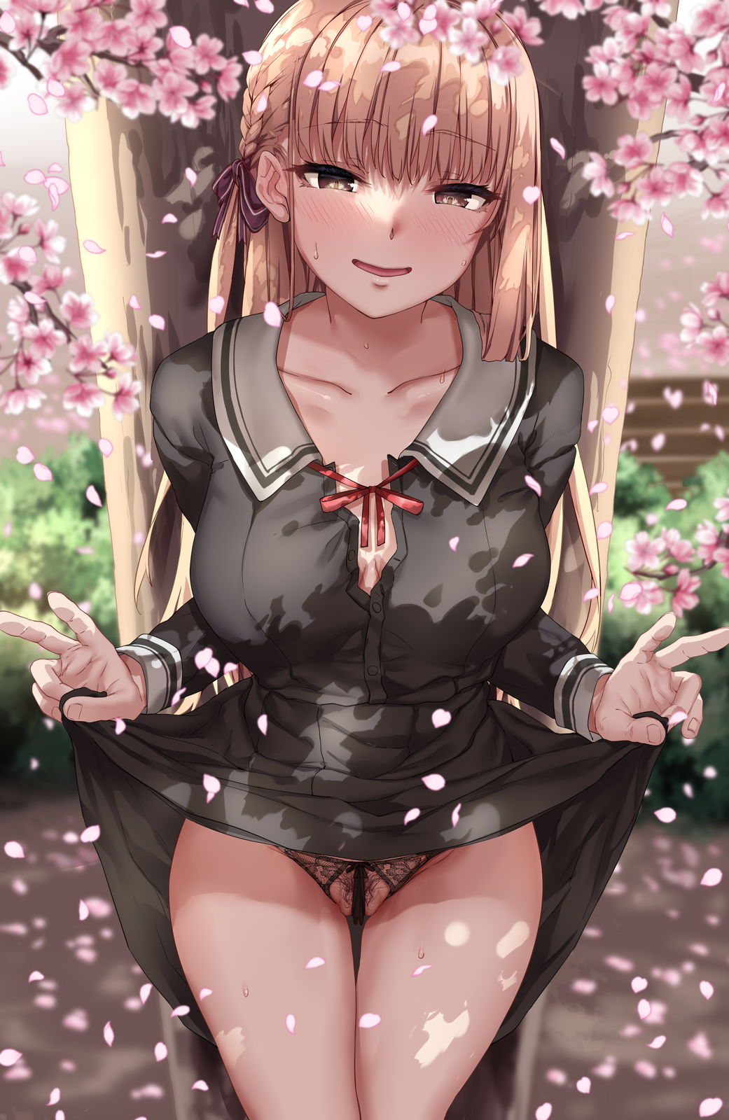 bangs black_panties black_pubic_hair black_skirt blonde_hair blush braid breasts brown_eyes clothes_lift collarbone crotchless crotchless_panties eyebrows_visible_through_hair female female_pubic_hair hair_ribbon hanami harukawa_syuria_(jack_dempa) highres jack_dempa large_breasts lifted_by_self long_hair long_sleeves looking_at_viewer open_mouth original panties petals pubic_hair purple_ribbon ribbon school_uniform skirt skirt_lift smile solo sweat thighs underwear