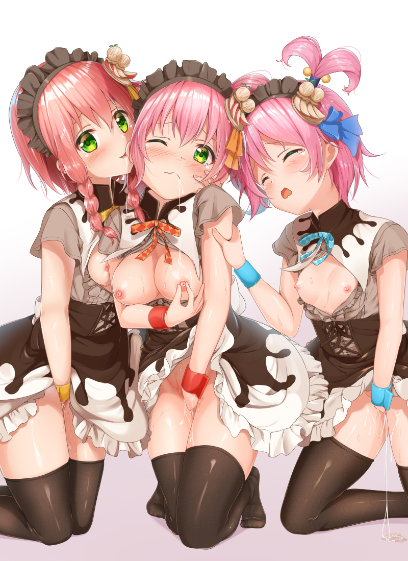 3girls black_legwear blush bow breasts breasts_out cleavage closed_eyes flat_chest gradient gradient_background green_eyes grey_background hairbow headdress highres kanonno_earhart kanonno_grassvalley kneeling legs looking_at_viewer masturbation mika_miche multiple_girls nipple_tweak nipples no_bra no_panties one_eye_closed pasca_kanonno pink_hair pussy_juice radiant_mythology red_hair simple_background tales_of_(series) tales_of_the_world tales_of_the_world_radiant_mythology tales_of_the_world_radiant_mythology_2 tales_of_the_world_radiant_mythology_3 tears white_background yuri