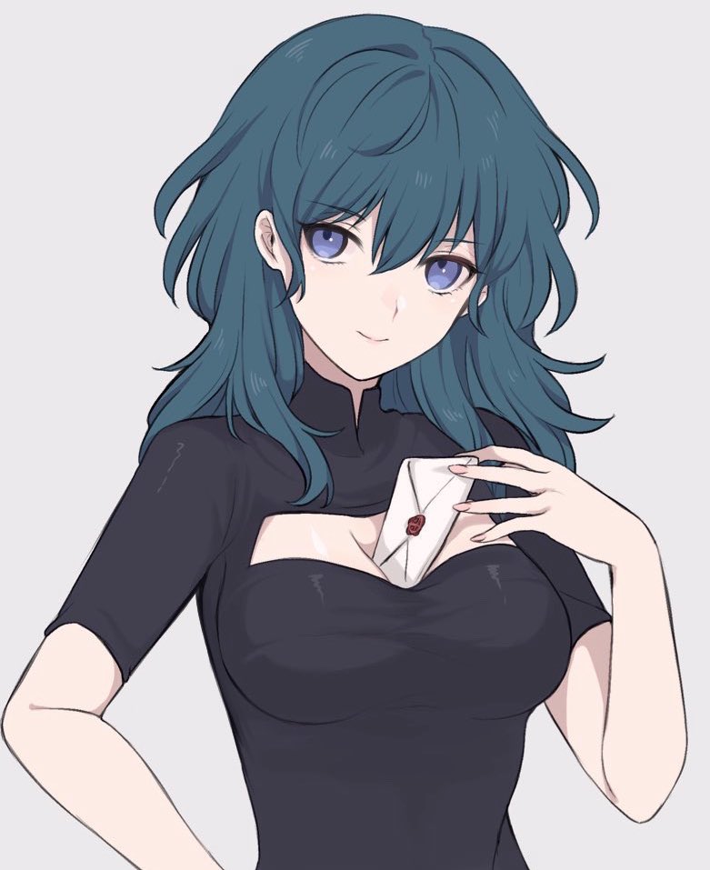 1girls between_breasts blue_eyes blue_hair breasts byleth_(fire_emblem) byleth_(fire_emblem)_(female) cleavage cleavage_cutout closed_mouth envelope female female_only fire_emblem fire_emblem:_three_houses highres letter nintendo shimizu_akina short_sleeves simple_background smash_invitation smile solo teal_hair upper_body