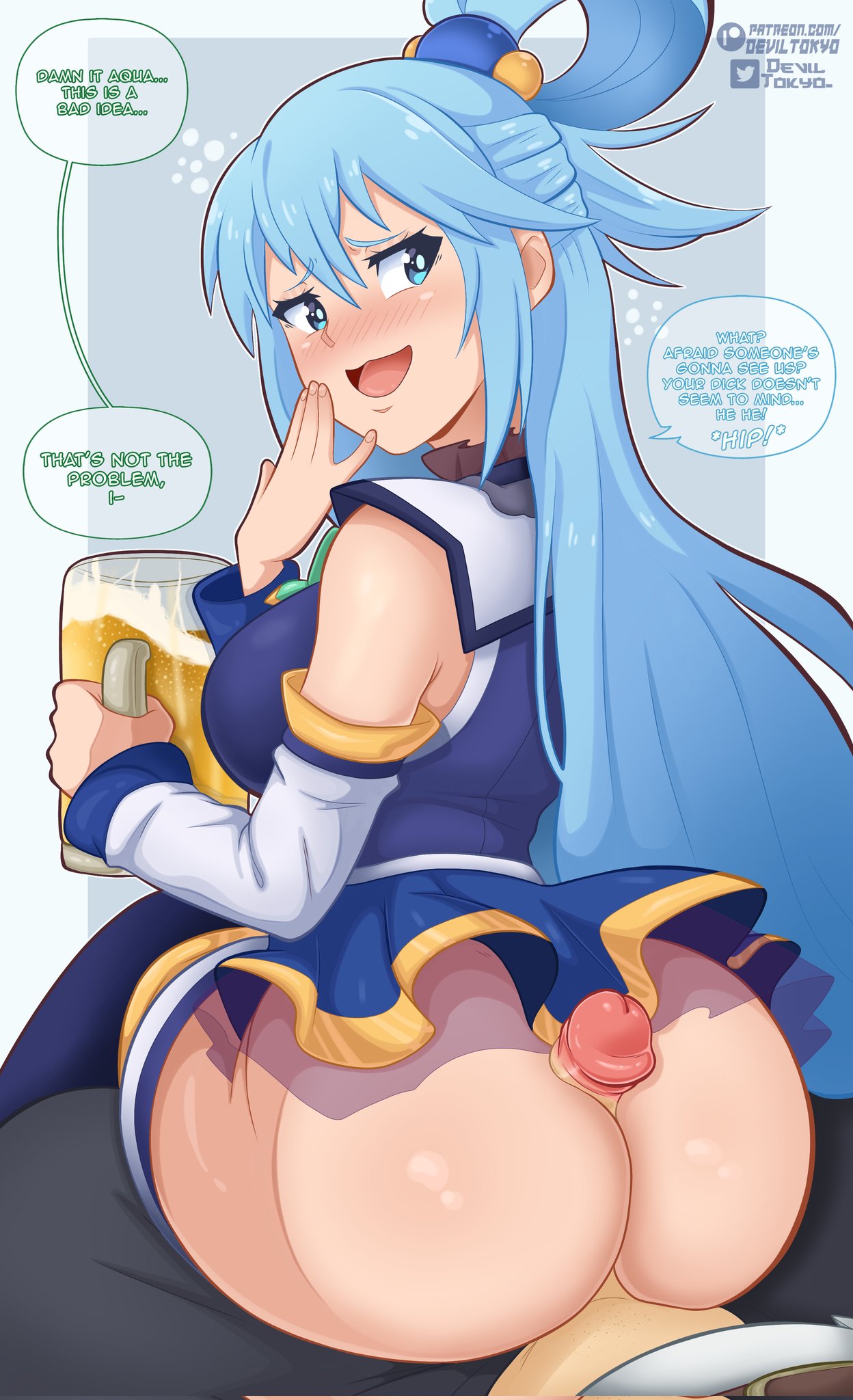 1boy 1girls aqua_(konosuba) ass beer big_ass big_breasts big_butt blue_eyes blue_hair blush bottomless breasts butt buttjob clothed clothed_female clothed_male covered_buttjob deviltokyo dialogue drunk duo english_dialogue english_text female female_focus hiccuping hot_dogging huge_ass huge_butt human kono_subarashii_sekai_ni_shukufuku_wo! legwear looking_back male male_pov miniskirt open_mouth outercourse partially_clothed penis pov satou_kazuma skirt smug speech_bubble straight text thick_thighs thighhighs thighs unseen_male_face