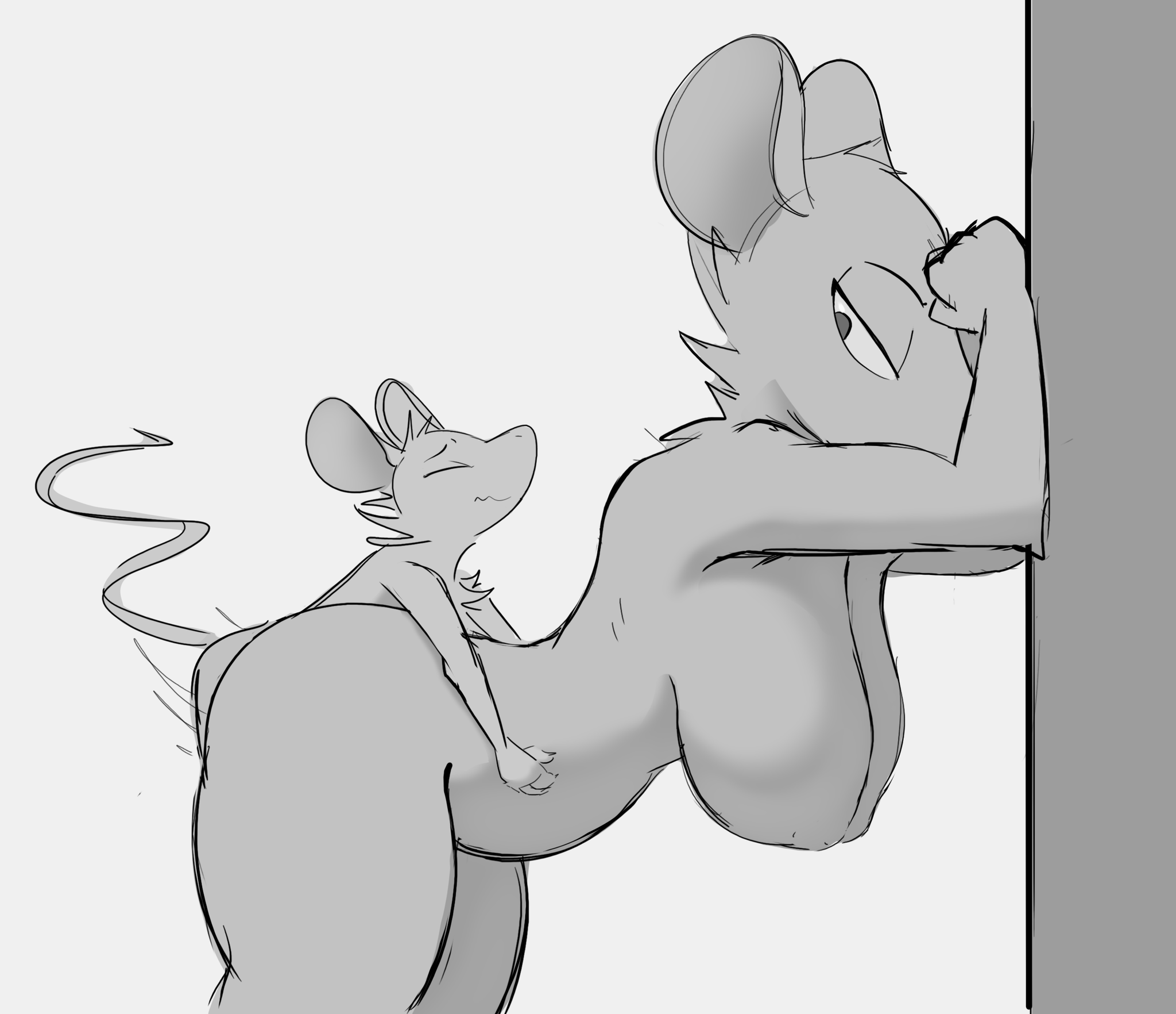 big breasts, breasts, female, female penetrated, fur, furry, furry only, larger female, male, male penetrating, male penetrating female, male/female, monochrome, mouse, nude, schmutzo, sex, size difference, smaller male, tagme, tagme (character), tail