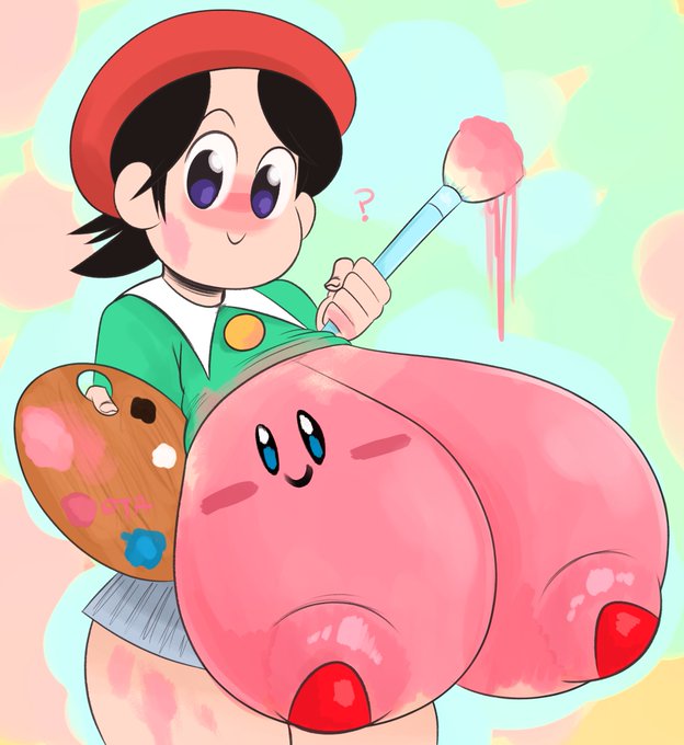 ? adeleine big_areola big_breasts big_nipples black_hair blush blushing breasts_out colorful_background female gigantic_breasts huge_breasts hyper_breasts kirby kirby_(series) massive_breasts nintendo nipples no_nose ota_(artist) paint paintbrush painted_breasts painting palette pasties question_mark shirt_lift skirt solo_female