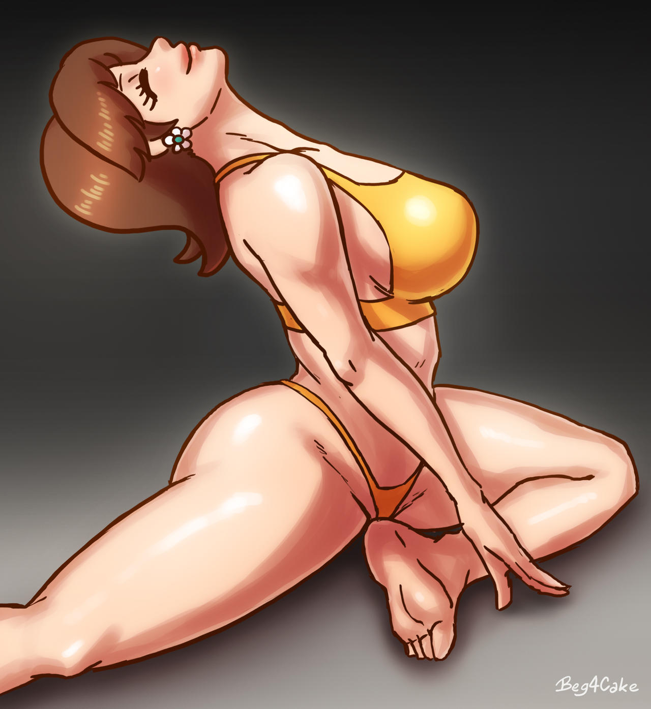 1girls beg4cake breasts brown_hair closed_eyes clothing earrings female female_only flower_earrings head_up light-skinned_female light_skin lips mario_(series) nintendo panties princess_daisy shoulder_length_hair smiling solo sports_bra stretching thick thick_hips thick_thighs thighs wide_hips