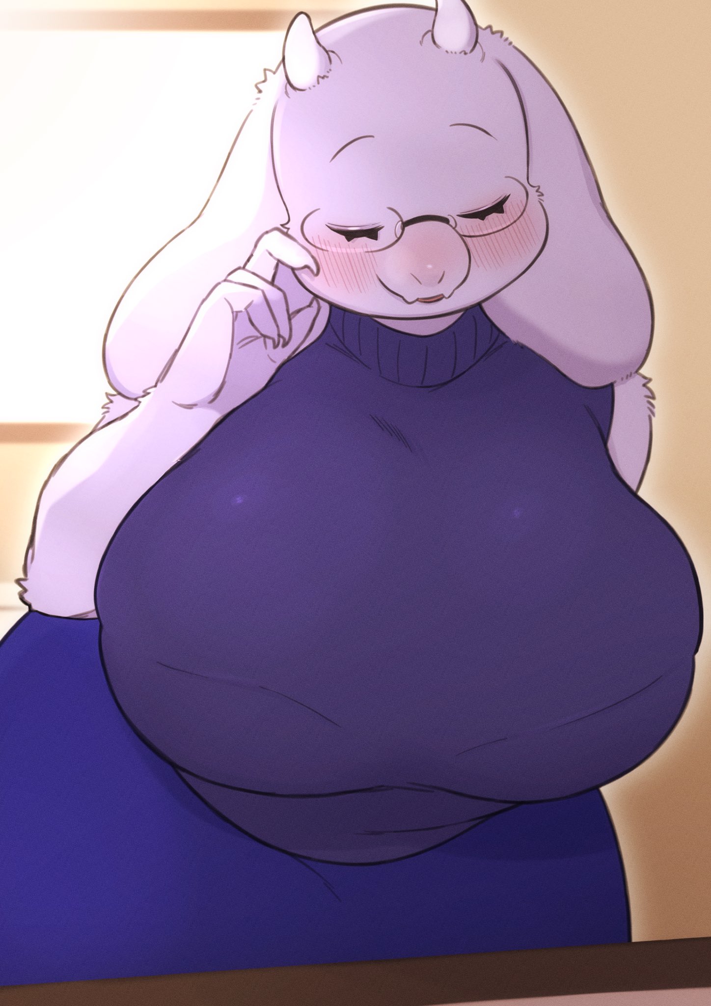 4 fingers, anthro, big breasts, blush, blushing, boss monster, bovid, breasts, caprine, chubby, closed eyes, clothed, clothing, eyewear, female, fingers, floppy ears, fur, glasses, hi res, horn, huge breasts, inside, leaning, leaning forward, long ears, mammal, mature anthro, mature female, sleeveless, solo, sweater, topwear, toriel, underchikichan, undertale, undertale (series), video games, white body, white fur, wide hips