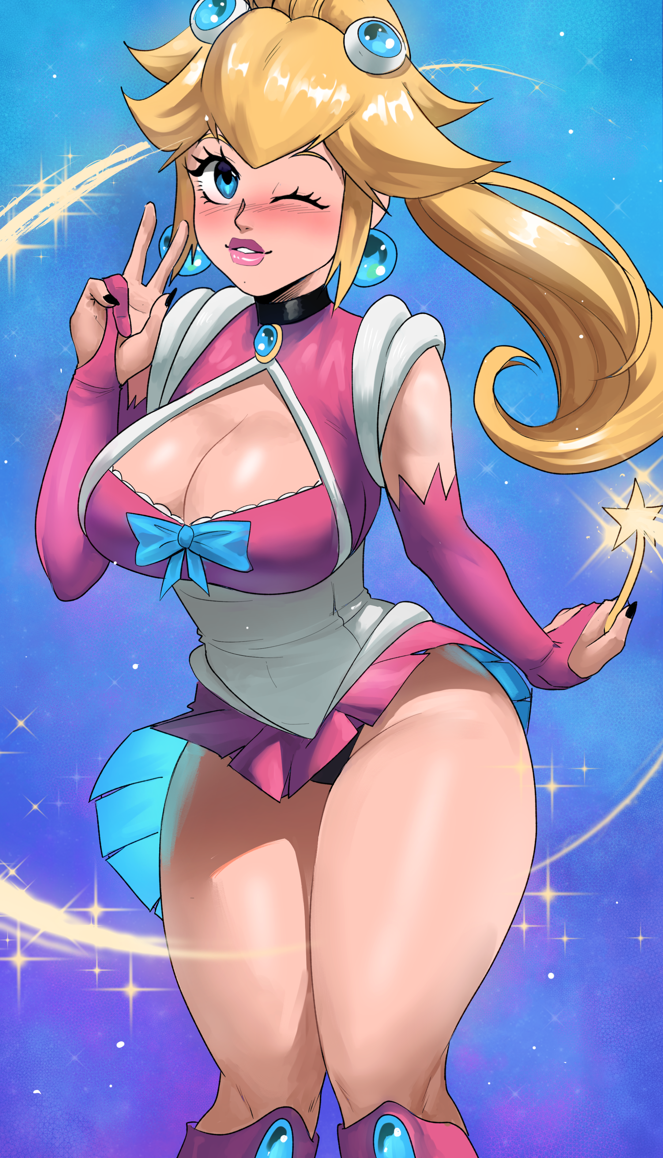 1girls, 2022, big breasts, big lips, blonde hair, blue eyes, blush, breasts, bridal gauntlets, cleavage, cleavage cutout, clothing, cosplay, earrings, echosaber, elbow gloves, female, gloves, hi res, hips, long hair, magical girl, mario (series), miniskirt, nail polish, nintendo, one eye closed, peace sign, ponytail, princess, princess peach, royalty, short skirt, skirt, slim waist, smile, solo, standing, thick lips, thick thighs, thighs, tied hair, v, wide hips, wink