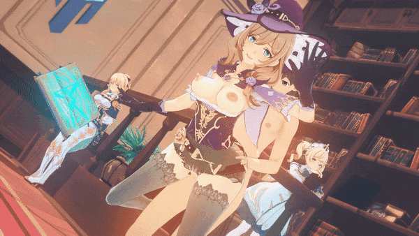 1boy, 3d, 3girls, animated, barbara (genshin impact), black gloves, black legwear, black stockings, bouncing breasts, breasts, brown hair, female, genshin impact, gloves, jean gunnhildr, koikatsu, legwear, library, lisa (genshin impact), long hair, looking at viewer, male, milf, nude, nude male, nun, restrained, smile, stockings, time stop