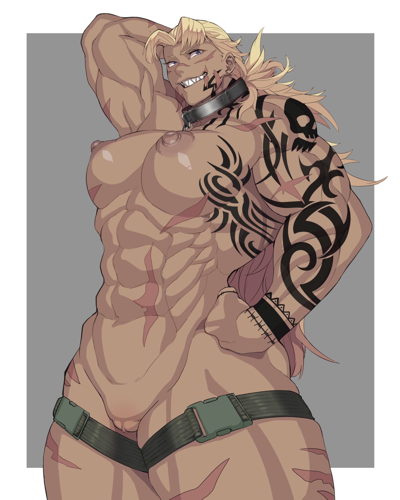 abs, big breasts, breasts, female, hand on head, kugara4423, muscular, muscular female, scar, scars, scars all over, smiling, taller female, tattoo, thick thighs