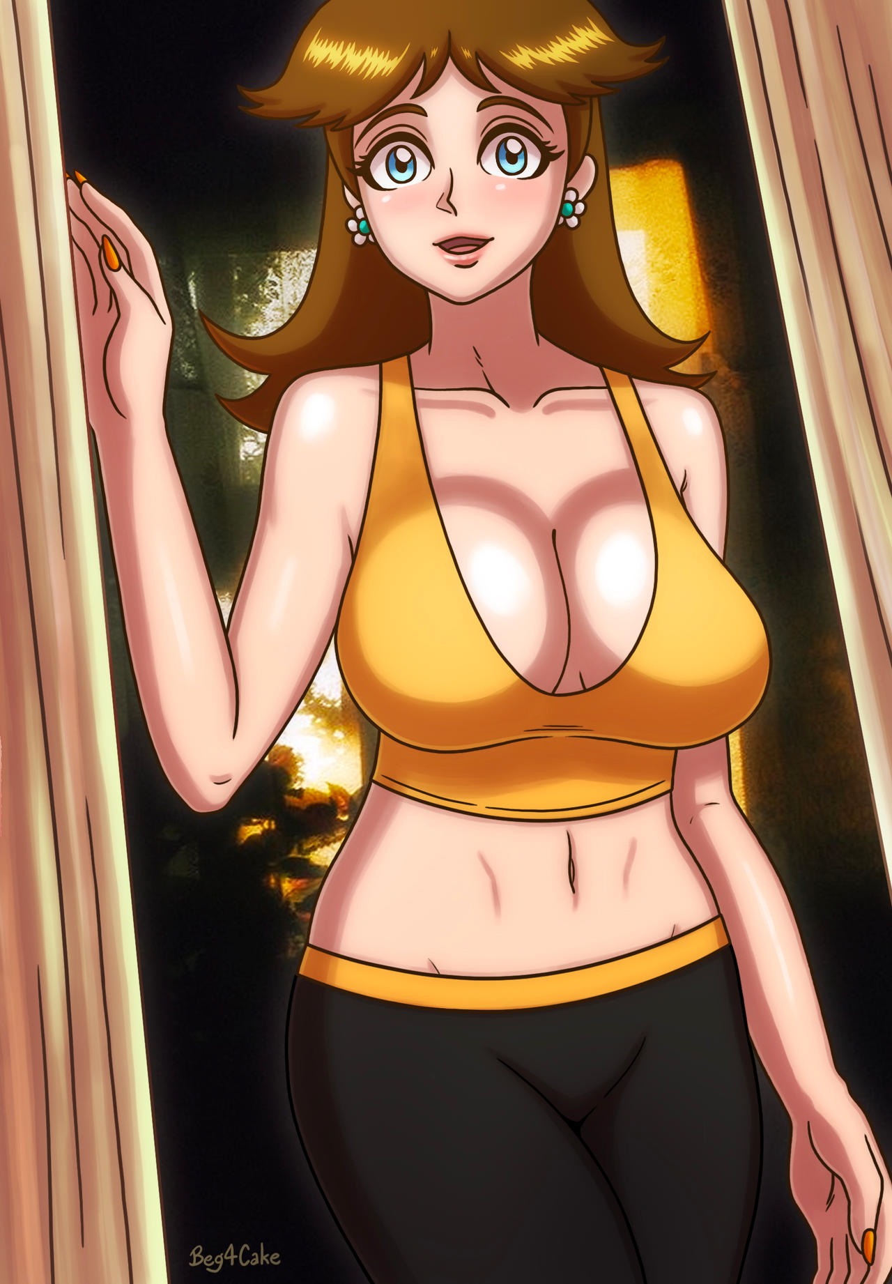 1girls beg4cake big_breasts bimbo breasts brown_hair cleavage earrings female female_only flower_earrings leggings light-skinned_female light_skin lips looking_at_viewer mario_(series) midriff nail_polish nintendo orange_nails princess_daisy shoulder_length_hair sports_bra sportswear thighs yoga_pants