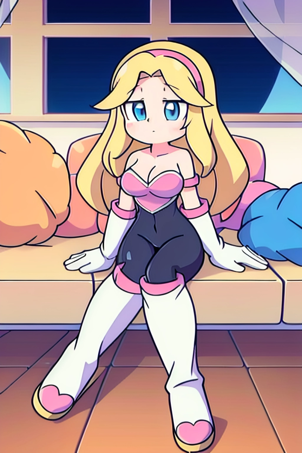 ai_generated alternate_costume bangs blonde_hair blue_eyes breasts chibi cosplay elbow_gloves female long_hair looking_at_viewer maria_robotnik pale_skin pink_hairband pixai rouge_the_bat_(cosplay) sega sitting sitting_on_couch sitting_on_sofa solo sonic_(series) sonic_the_hedgehog_(series) white_glove