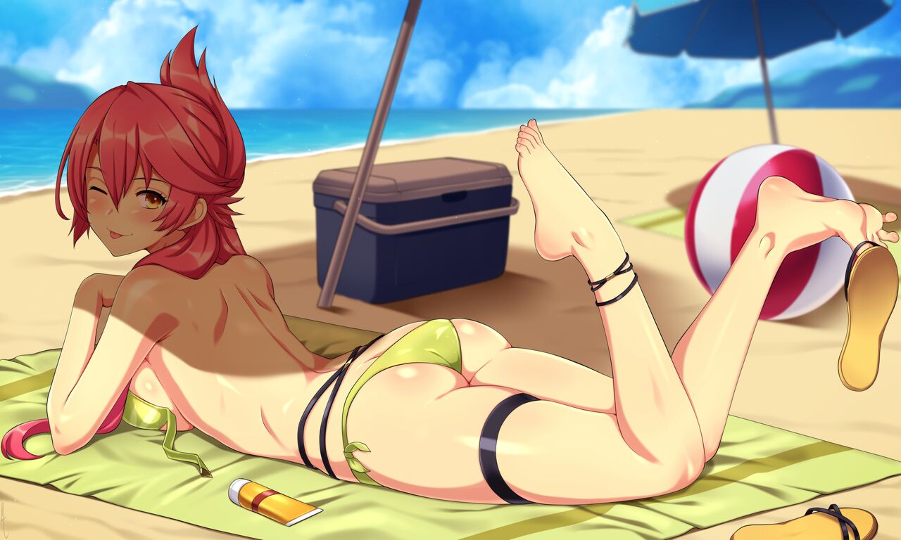 1girls beach bikini bikini_top_undone eiyuu_densetsu feet feet_up lindaroze looking_at_viewer looking_back outdoors red_hair sand sandals sara_valestein sen_no_kiseki solo solo_female solo_focus tagme tongue_out trails_of_cold_steel wink winking_at_viewer