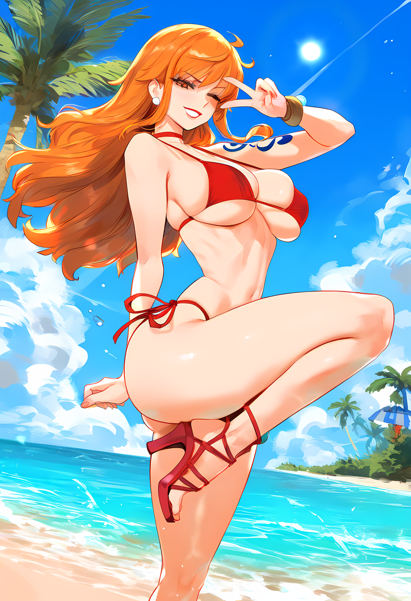 1girls ai_generated bare_arms bare_legs bare_shoulders bare_thighs beach big_breasts bikini bikini_bottom bikini_top blush clothed clothing color female female_focus female_only geo-san hi_res high_heels large_breasts light-skinned_female light_skin long_hair looking_at_viewer nami nami_(one_piece) one_piece orange_eyes orange_hair post-timeskip sand sea shounen_jump solo solo_female tagme tattoo thick_thighs water