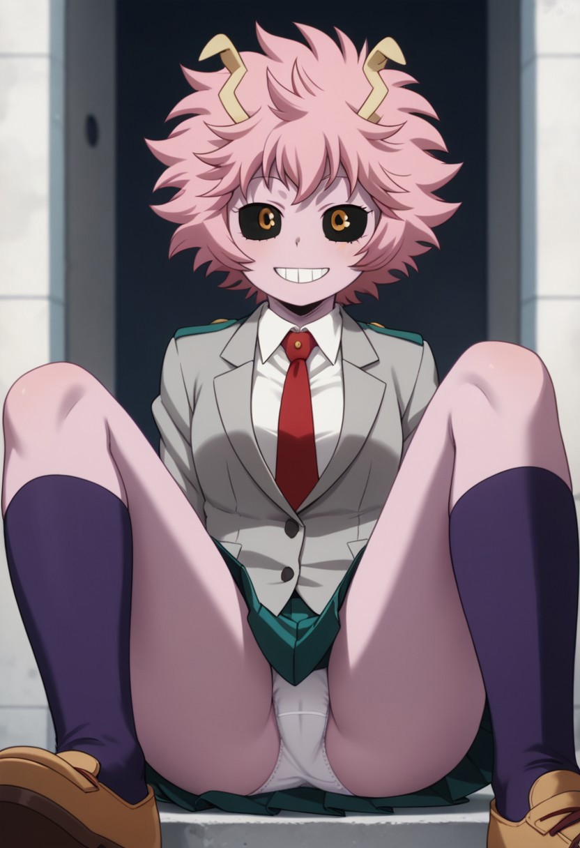 1girls, ai generated, ashido mina, boku no hero academia, female, legs apart, legs spread, looking, looking at viewer, mina ashido, my hero academia, panties, pantyshot, pink body, pink hair, school uniform, schoolgirl, solo, solo female, underwear, upskirt, white panties, yellow eyes