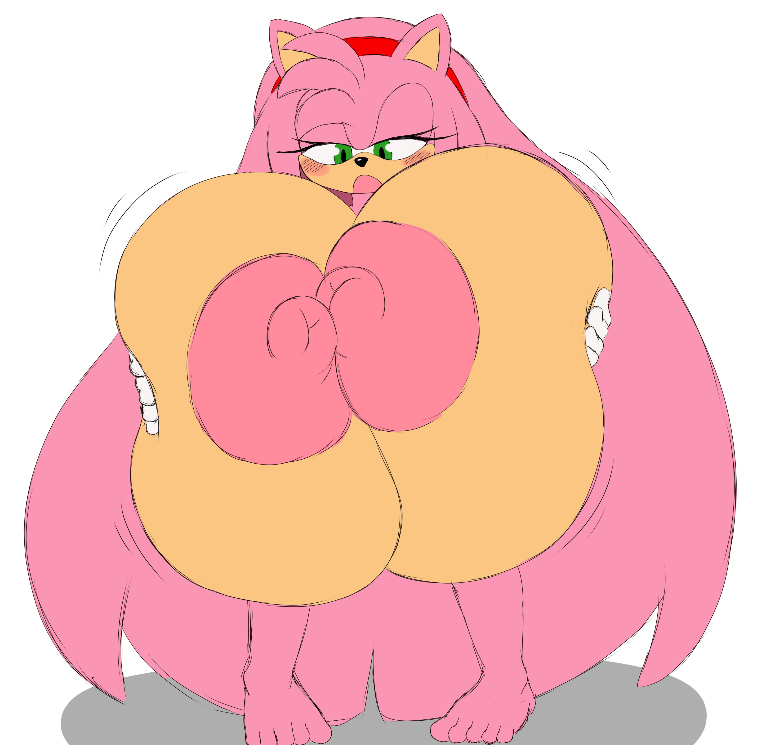 alternate breast size, amy rose, anthro, big nipples, blush, breasts, female, female only, green eyes, hedgehog, holding breast, humanoid, hyper, hyper breasts, mechspazer, nipples, pink fur, pink hair, pink nipples, sega, sonic (series), sonic the hedgehog (series)