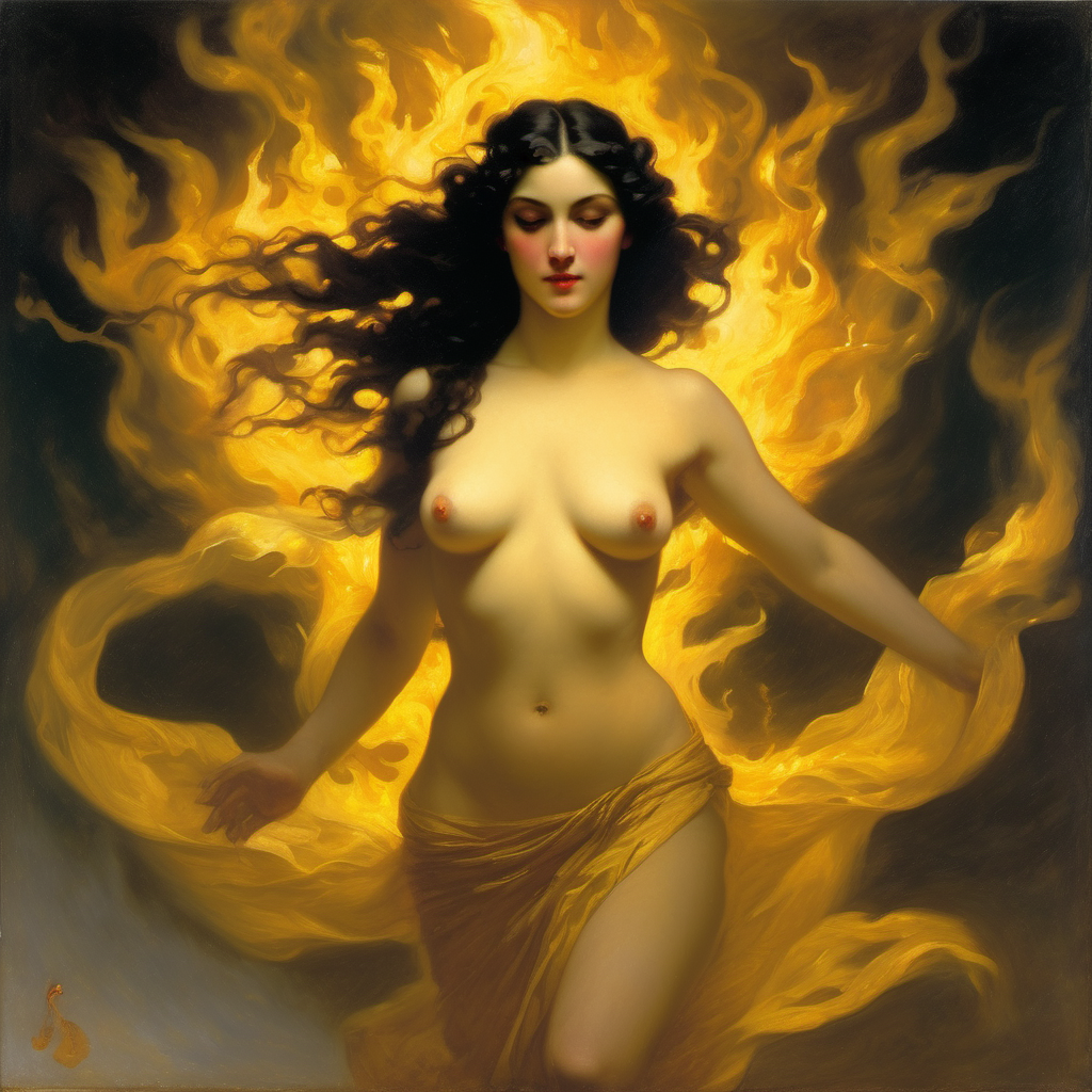 ai_generated belly black_hair breasts burning closed_eyes curvaceous curvy dancing fire long_hair medium_breasts navel nipples pyrokinesis seductress william_bouguereau