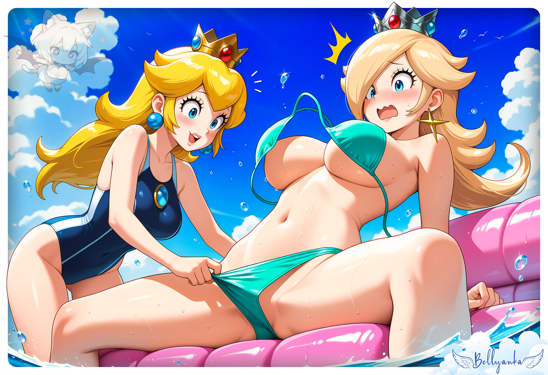 2025, 2girls, ai generated, beach background, belly, bellyanka, bikini bottom pull, bikini pull, black eyebrows, blonde eyebrows, blonde female, blonde hair, blonde-haired female, blue bikini, blue earrings, blue swimsuit, blue-eyed female, boobs out, bra pull, breasts, breasts out, crown, deviantart, female, female only, female/female, golden crown, hand on panties, long-haired female, mario (series), multiple females, multiple girls, nintendo, one eye visible, open mouth, pink cheeks, princess peach, princess rosalina, shocked female, silver crown, spread legs, star earrings, super mario bros., tummy, wet belly, wet body, wet breasts, wet face, wet hair, wet legs, yuri