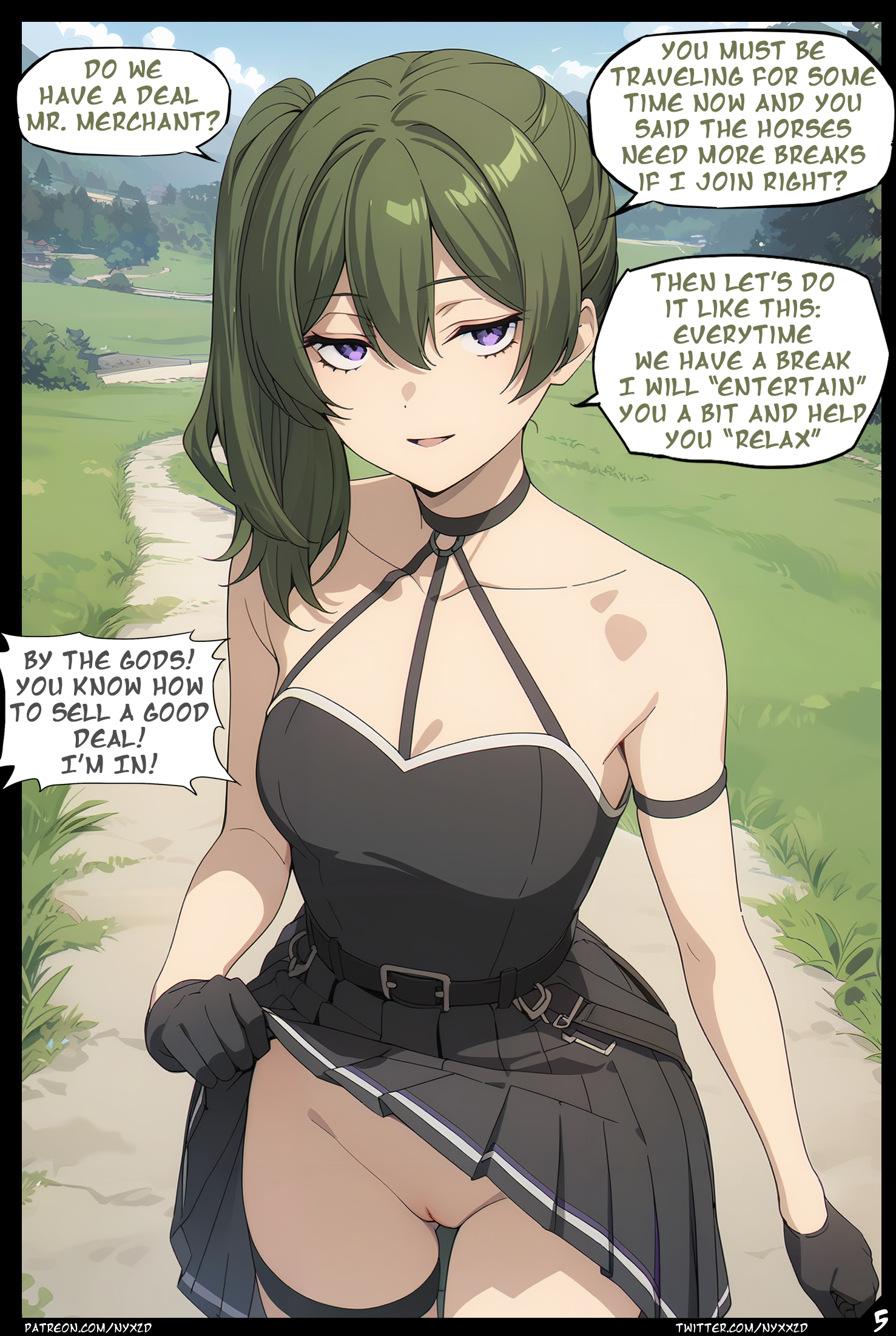 1girls, ai generated, black dress, bottomless, breasts, comic, english text, female, female only, flashing pussy, front view, gloves, green hair, no panties, no underwear, nyxworks, outdoors, page 5, page number, presenting pussy, pussy, scenery, skirt, skirt lift, solo, sousou no frieren, thigh gap, thigh strap, ubel (sousou no frieren), uncensored, violet eyes