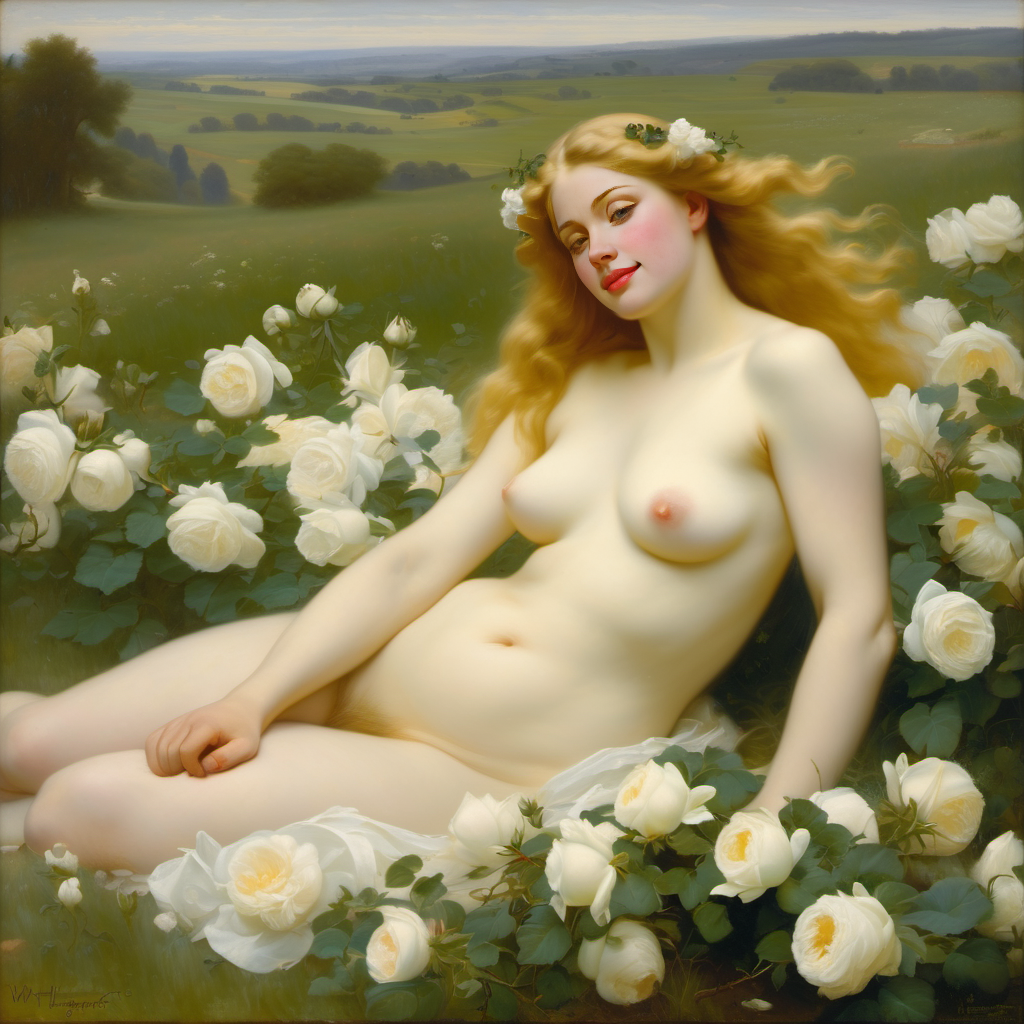 ai_generated belly blonde_hair blue_eyes breasts curly_hair curvy female flower flower_in_hair flowers lips long_hair lying medium_breasts navel nipples nude presenting pubic_hair realistic rose_(flower) smile solo white_rose william_bouguereau