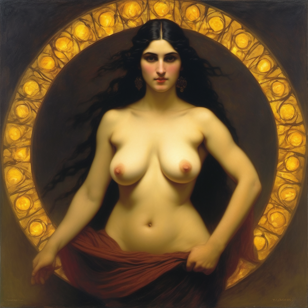 ai_generated belly black_eyes black_hair breasts curvaceous curvy earrings female long_hair medium_breasts navel nipples seductress topless william_bouguereau