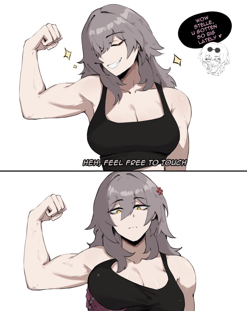 1girls, 2girls, annoyed, breast grab, breasts, eyewear on head, female, go on feel it (meme), grabbing, grabbing breasts, honkai: star rail, kafka (honkai: star rail), lesbian focus, masoq095, multiple females, multiple girls, muscles, muscular, muscular female, stelle (honkai: star rail), yuri