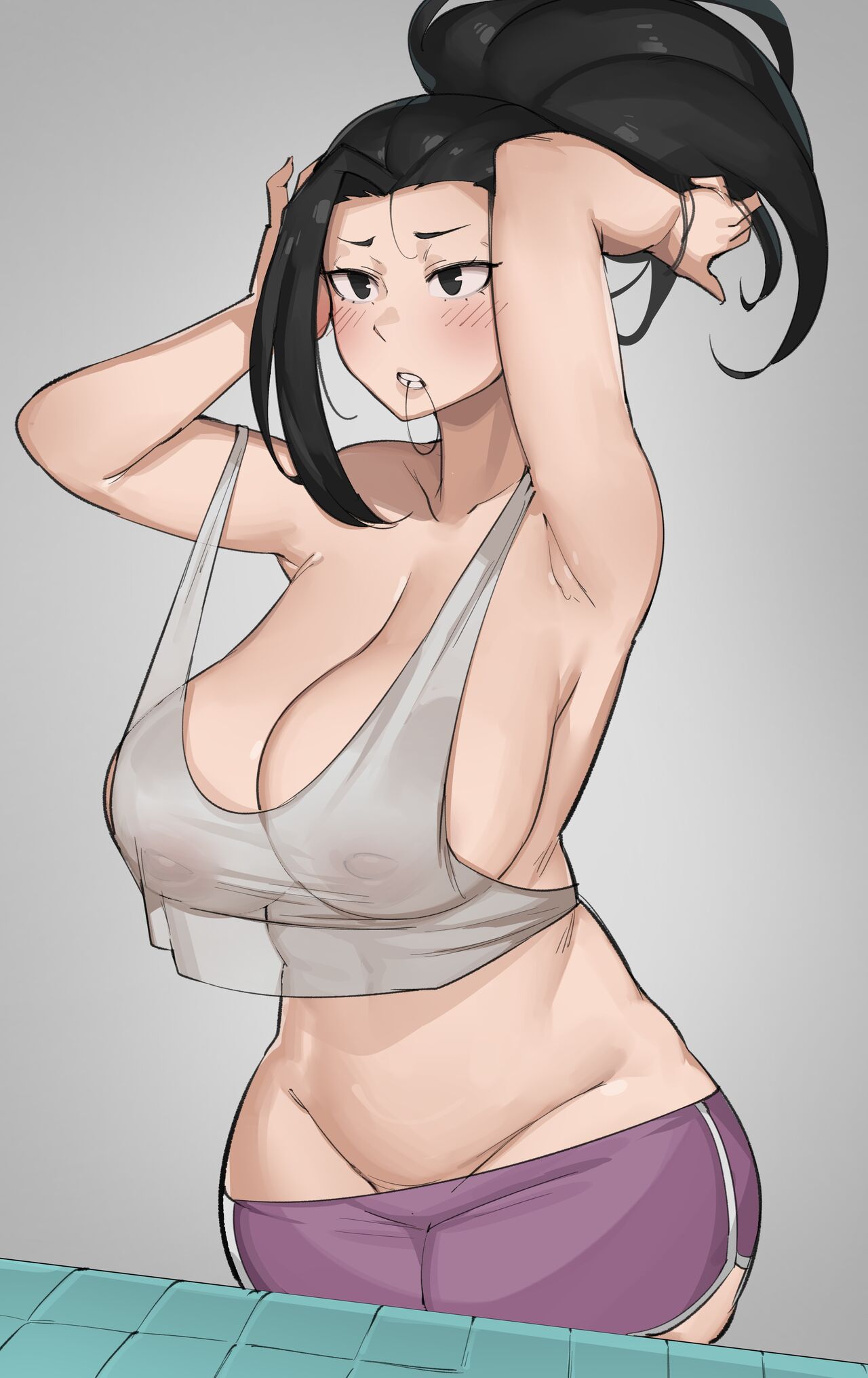 alternate_version_available big_breasts black_hair bobtheneet cleavage female momo_yaoyorozu my_hero_academia shorts tying_hair