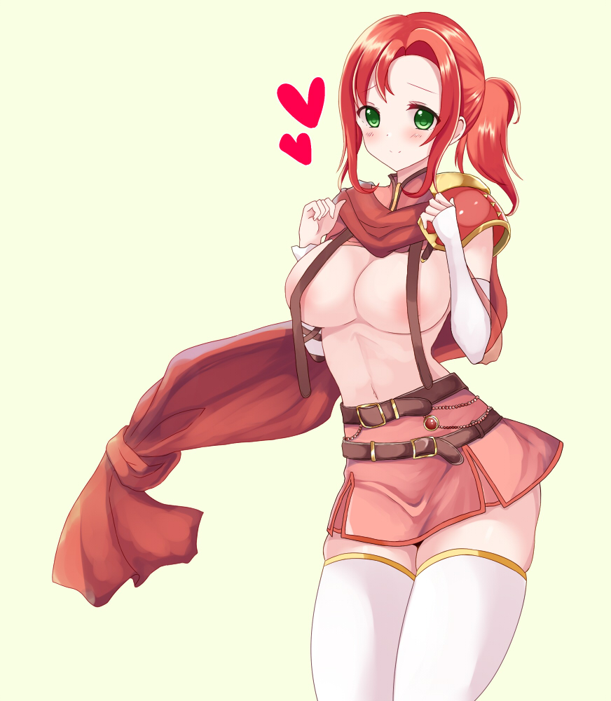 1girls areola_slip areolae bare_midriff bare_thighs belt breasts breasts_out female female_only fire_emblem fire_emblem:_new_mystery_of_the_emblem green_eyes heart large_breasts long_sleeves looking_at_viewer midriff miyako_(mongcocoa) nintendo norne_(fire_emblem) ponytail red_hair scarf short_hair skindentation skirt smile solo suspenders thighhighs thighs yellow_background