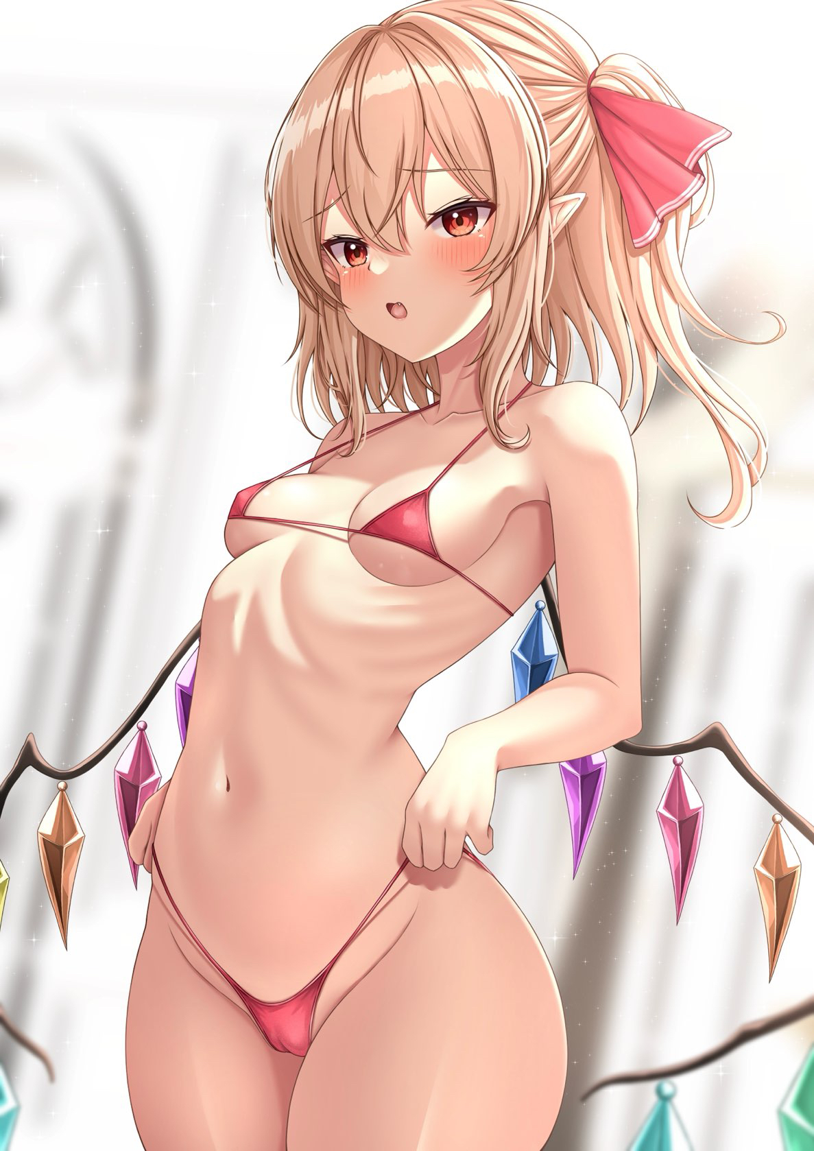 :o, arched back, bare arms, bikini, bikini pull, blonde hair, blurry, blurry background, blush, breasts, cameltoe, clothes pull, collarbone, commentary request, female, flandre scarlet, groin, hair between eyes, hair ribbon, highres, micro bikini, navel, open mouth, pointy ears, pussy, red bikini, red eyes, reijing etrn, ribbon, ribs, sidelocks, small breasts, smile, solo, standing, swimsuit, touhou