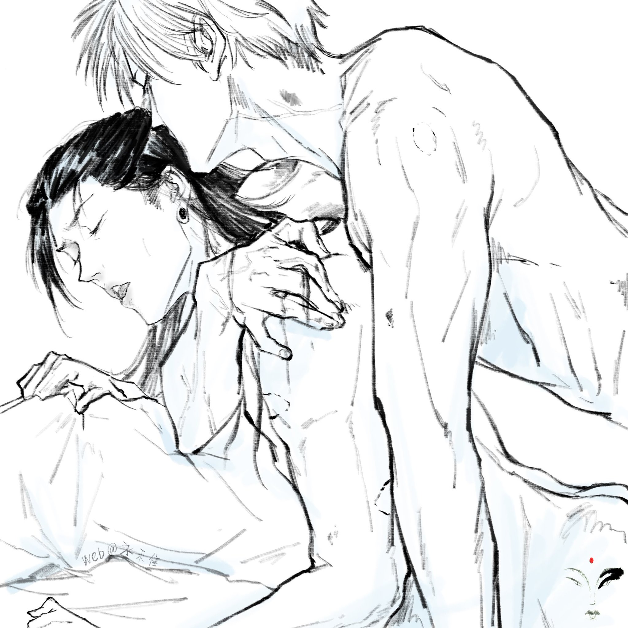 anal sex, boy on top, doggy style, drawing, gay, gay sex, hickey, intimate, jujutsu kaisen, kissing, kissing while penetrated, male, male/male, satoru gojo, sketch, suguru geto, sweatdrop, sweating, yaoi, yongzhichupin