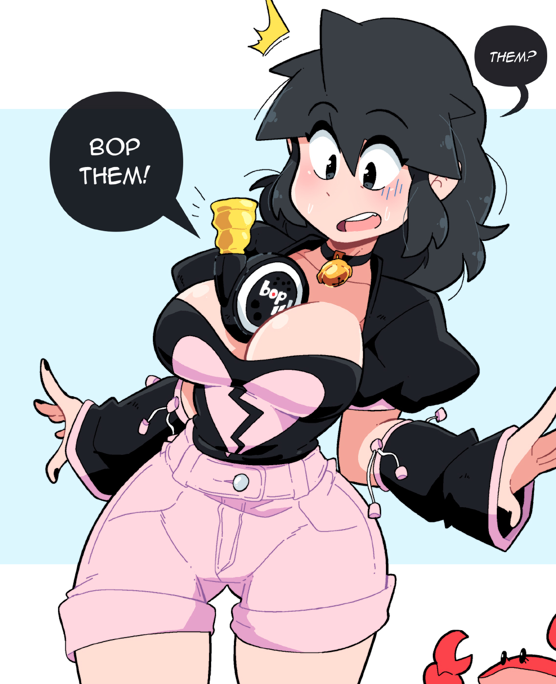 bop it, breasts, female, fully clothed, lucia (scott malin), object between breasts, original, original character, scott malin, tagme
