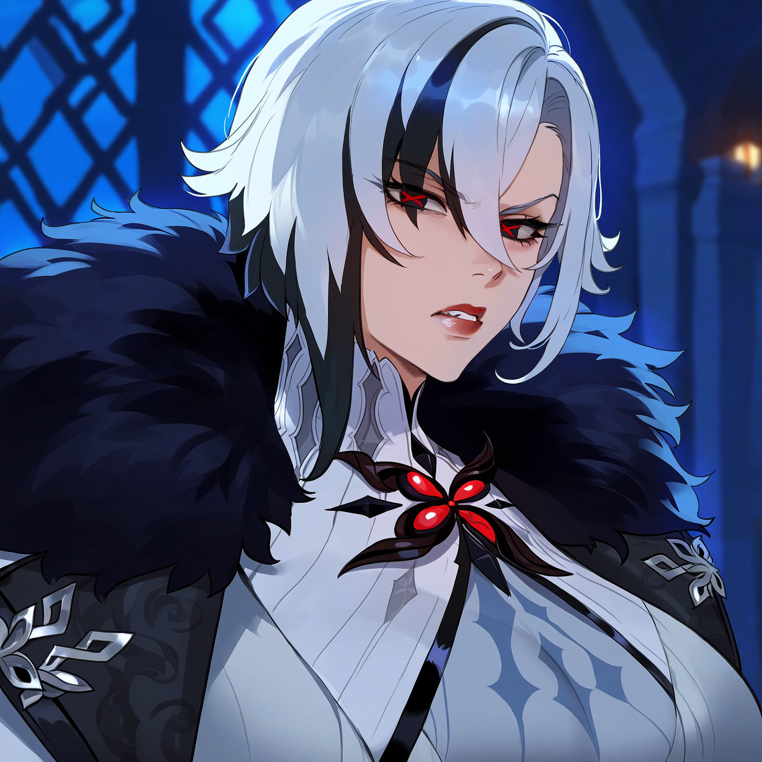 1girls, ai generated, arlecchino (genshin impact), breasts, female, floox, fur trim, genshin impact, hi res, huge breasts, light skin, light-skinned female, red eyes, stable diffusion, thick thighs, white hair, wide hips