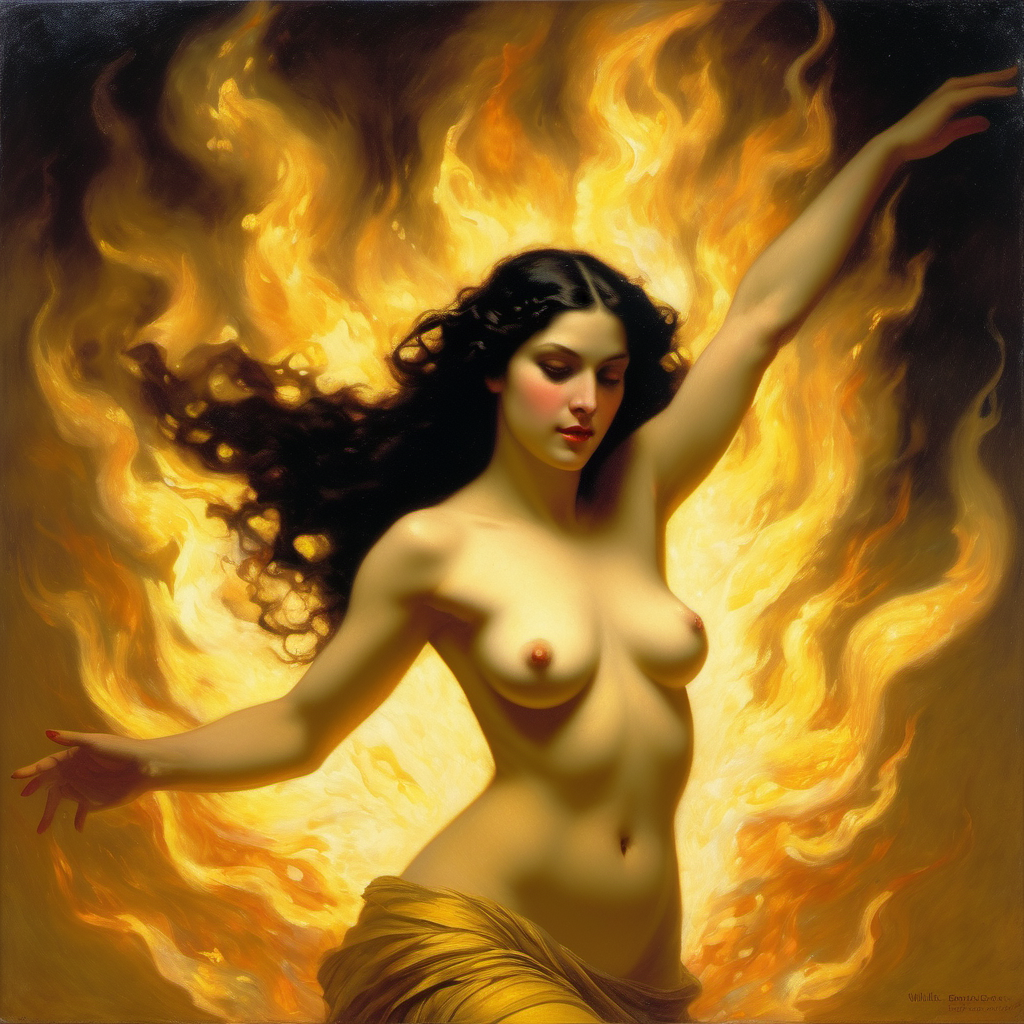 ai_generated belly black_hair breasts burning closed_eyes curvaceous curvy dancing fire long_hair medium_breasts navel nipples pyrokinesis seductress william_bouguereau