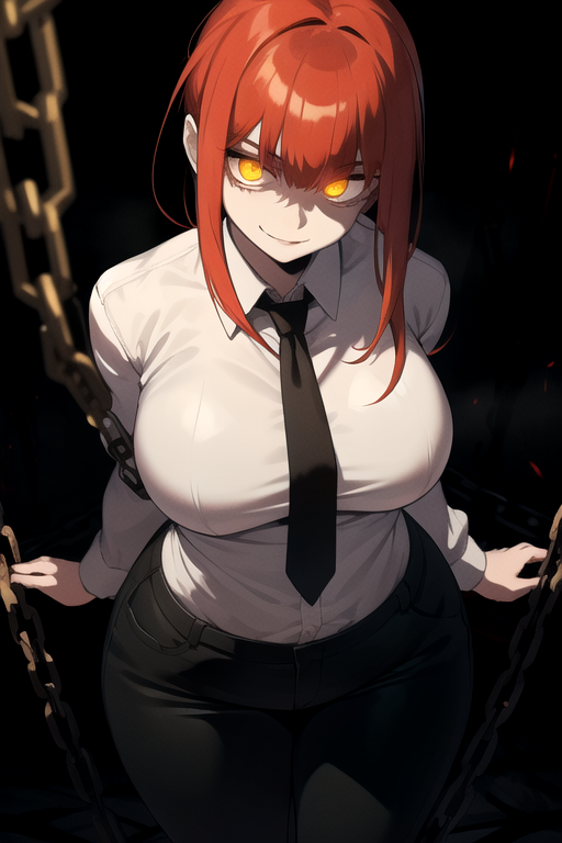 ai_generated big_breasts black_pants chains chainsaw_man daidouji_(artist) daidoujipv darkness from_above glowing_eyes long_sleeves looking_at_viewer makima_(chainsaw_man) necktie pants red_hair shirt short_hair smile tagme white_shirt yellow_eyes