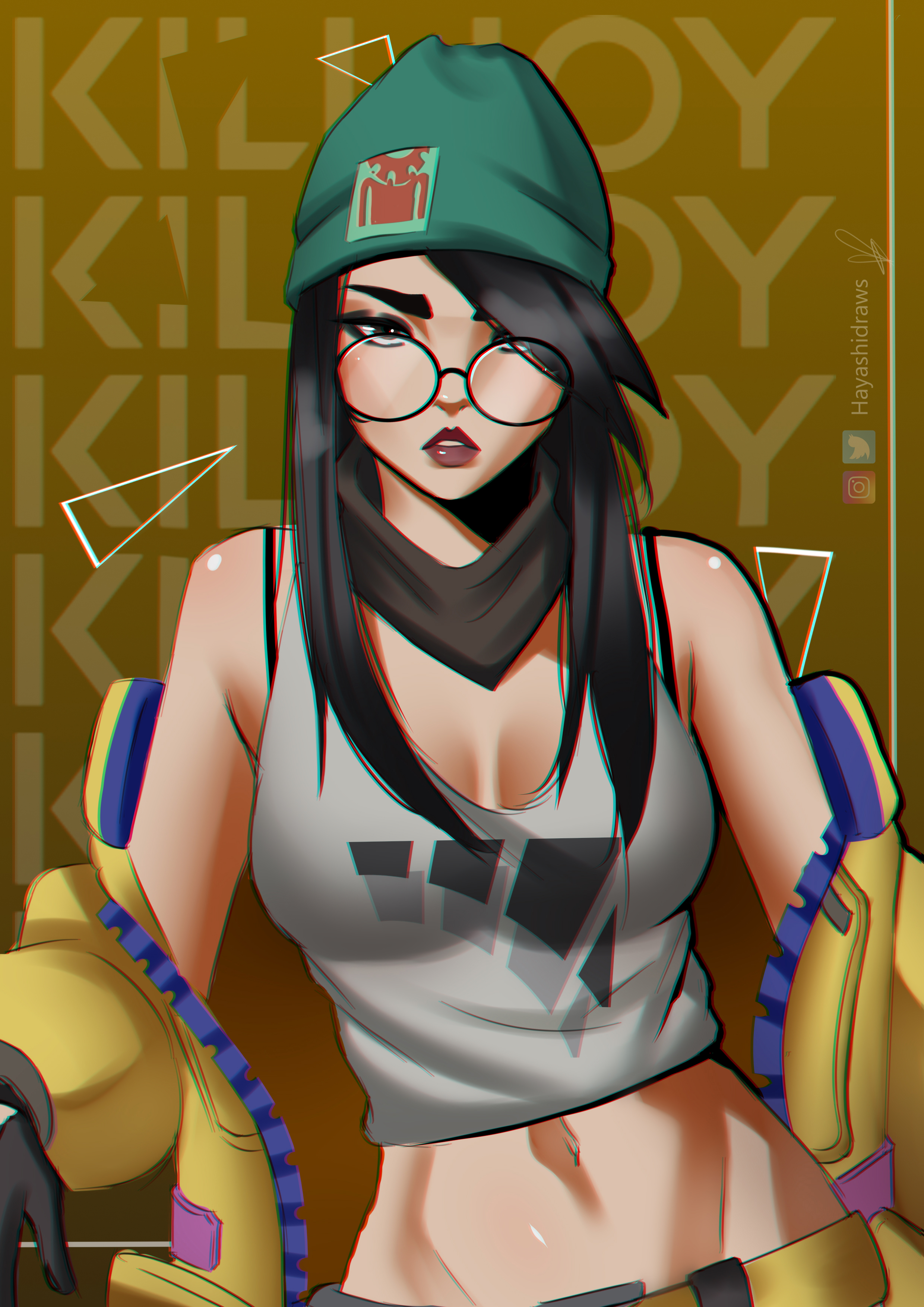 1girls, big breasts, black hair, breasts, cleavage, clothed, female, female focus, female only, glasses, hayashidraws, killjoy (valorant), long hair, navel, riot games, solo, valorant
