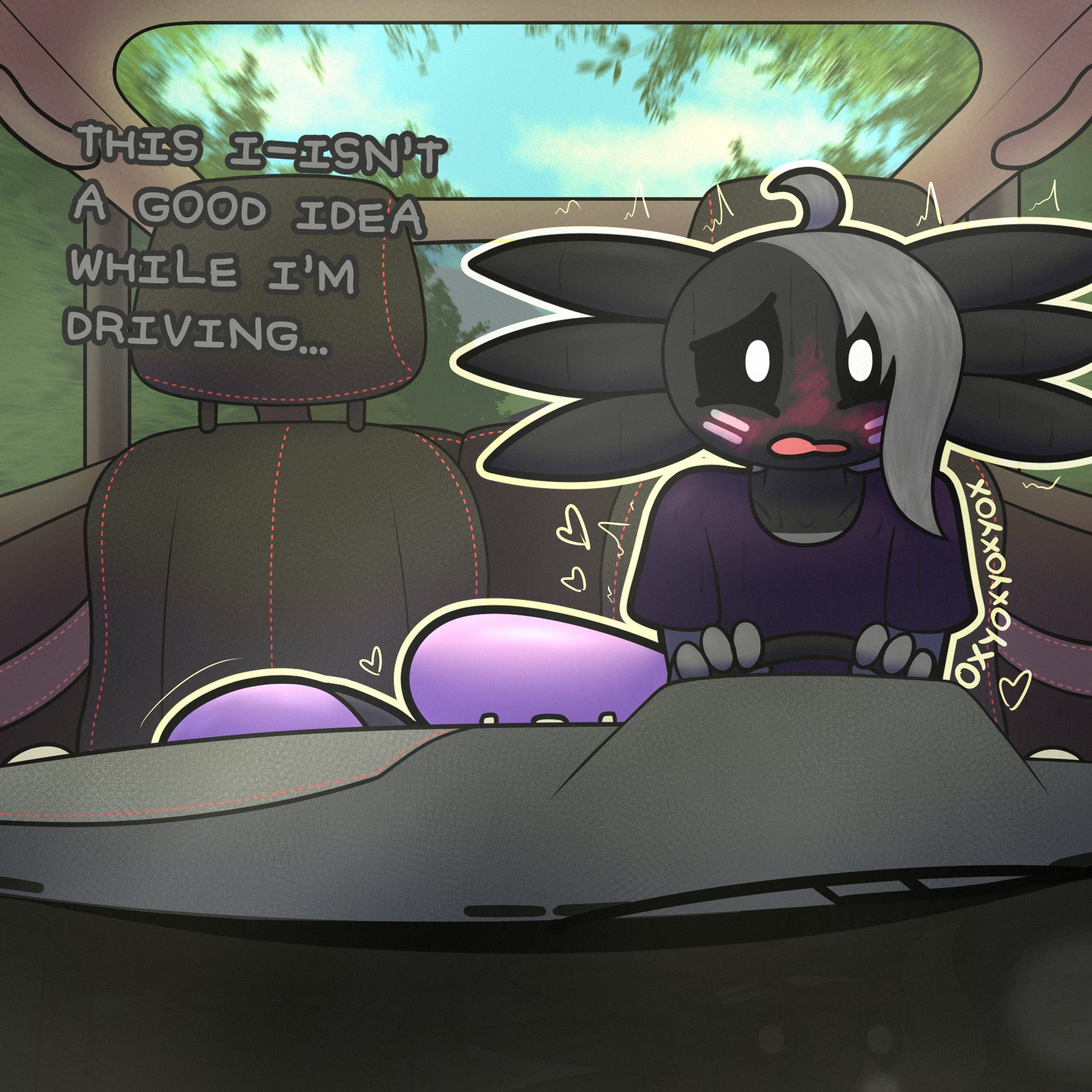 1boy, 1girls, axolotl, dialogue, driving, emo hair, female, hidden face, hidden sex, leporid, licorice (oxyoxyoxyox), male, marshmallow (oxyoxyoxyox), oral sex, oxyoxyoxyox, rabbit, road head, tagme