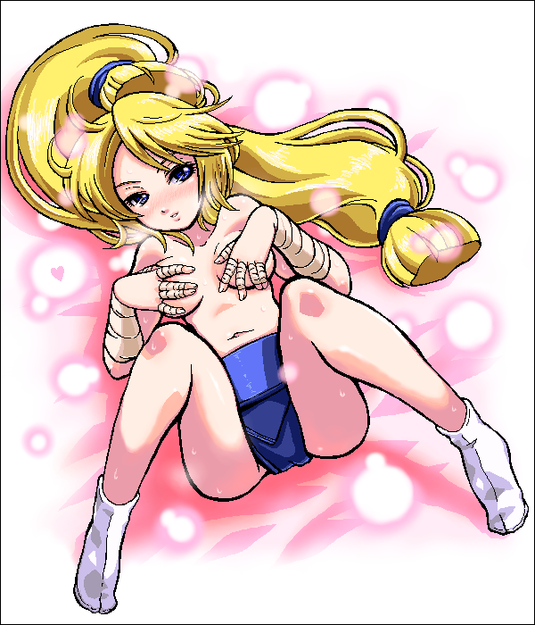 blonde_female blonde_hair blue_eyes blush breast_grab breasts female female_sumo hinako_shijou king_of_fighters loincloth loincloth_only long_hair looking_at_viewer lying navel pale-skinned_female seductive seductive_look snk sumo tagme topless_female younger_female