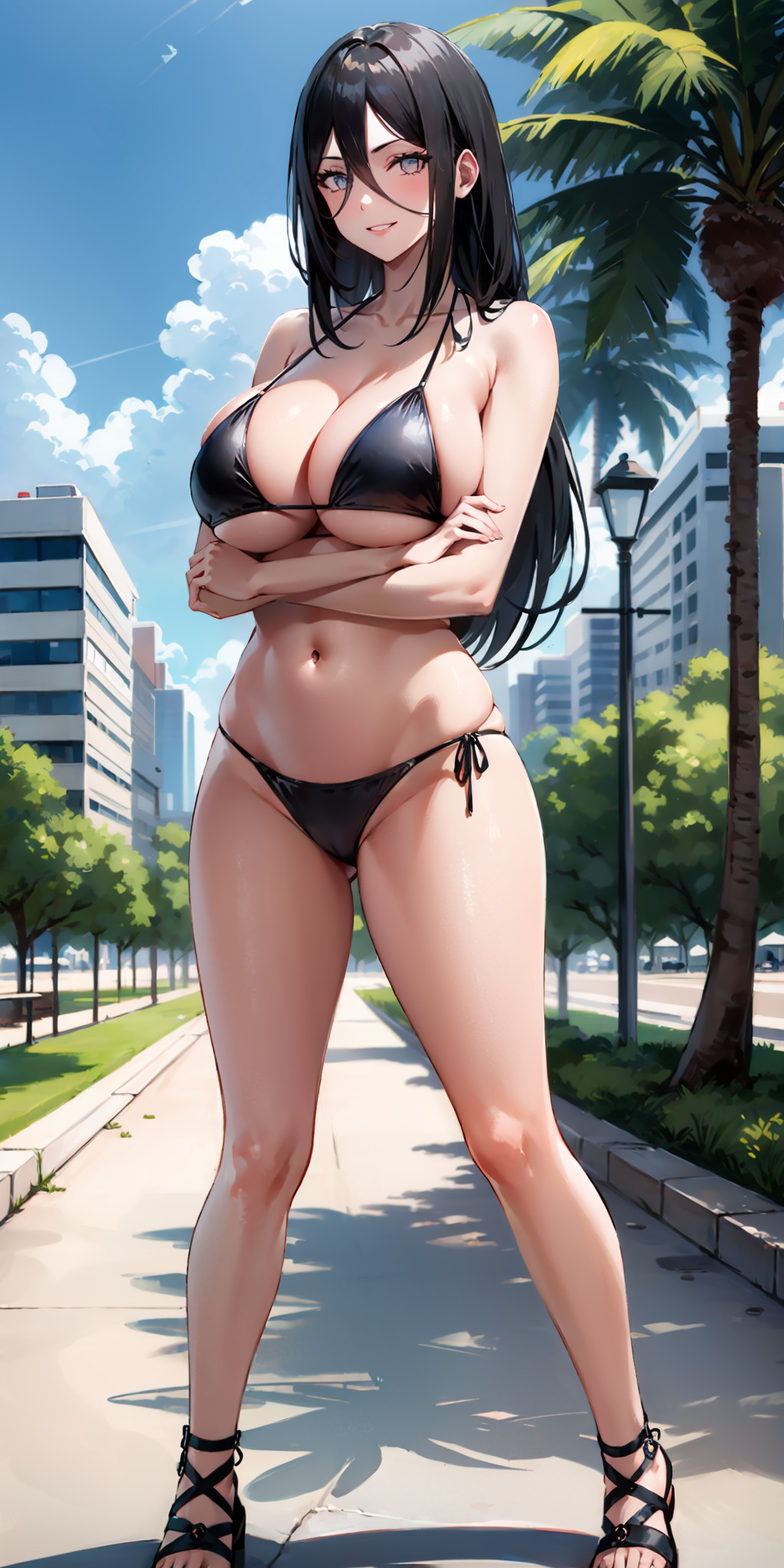 1girls, ai generated, arms under breasts, big breasts, bikini, bikini bottom, bikini top, blush, boruto: naruto next generations, breasts, brown hair, city background, cleavage, crossed arms, feet, female, female only, full body, hair between eyes, huge breasts, hyuuga hanabi, light skin, light-skinned female, midriff, nai diffusion, naruto, naruto (series), open toe shoes, outdoors, pinup, revealing swimsuit, rkabros3, sandals, skimpy, skimpy bikini, smile, stable diffusion, standing, swimsuit, thick thighs, thighs, toes, very long hair, violet eyes, voluptuous
