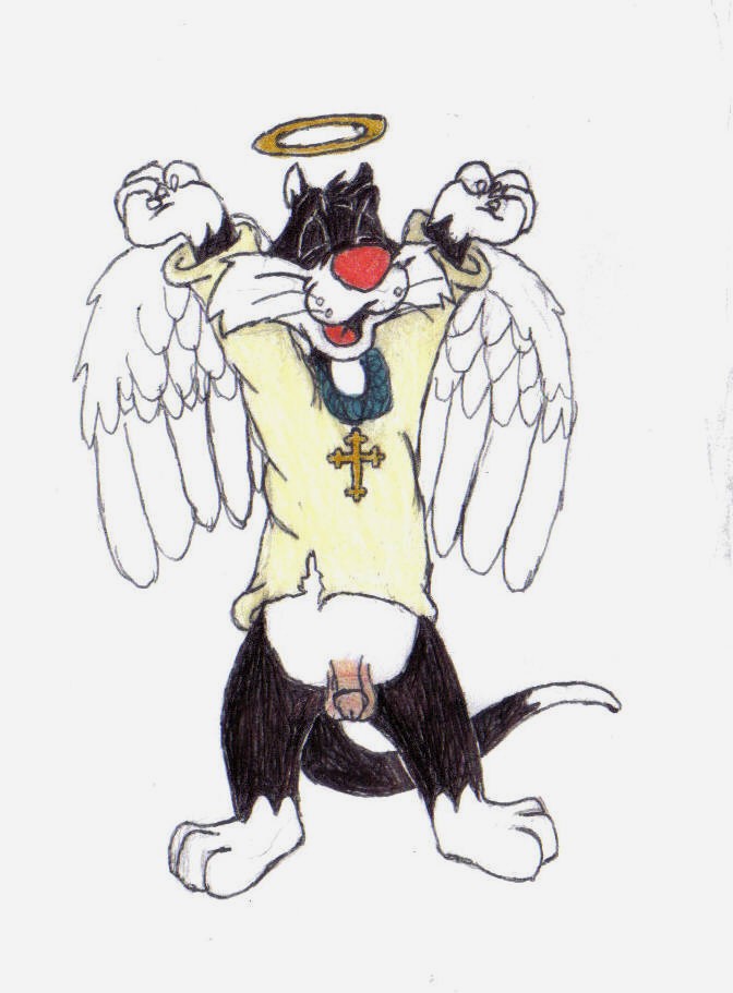 angel_wings anthro barefoot black_fur bottomless cat clothes feline front_view fur furry halo looney_tunes male male_only mammal penis red_nose smile smooth_fur solo standing sylvester tagme tail timon-berkowitz white_fur wings