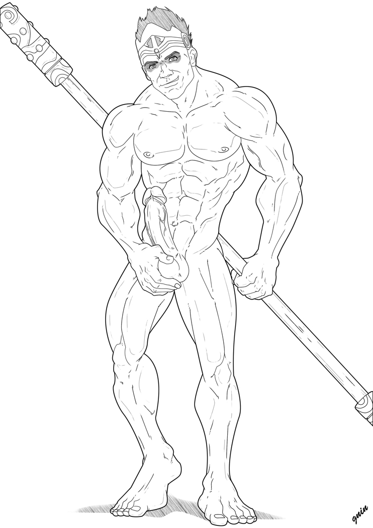 1boy bara barefoot big_penis boner enslaved:_odyssey_to_the_west erection foreskin gninrom human male male_only monkey_(enslaved:_odyssey_to_the_west) monochrome muscles muscular muscular_male nude penis schizoid solo testicles uncircumcised