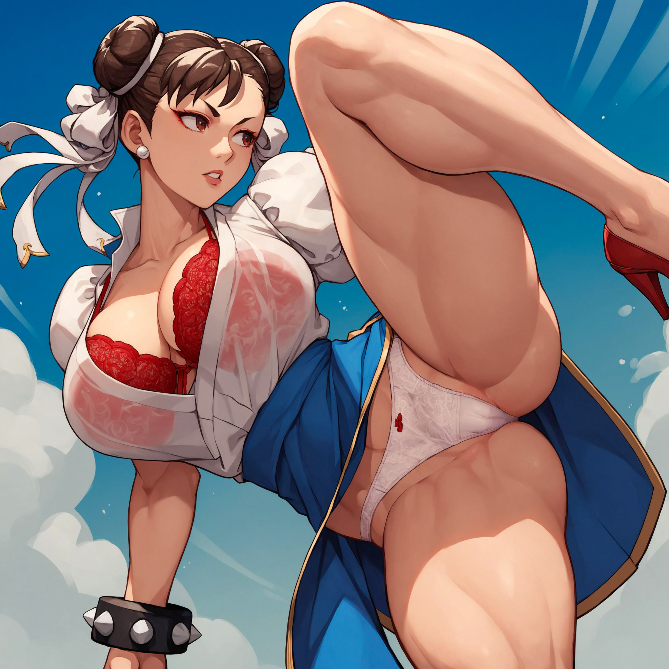 1girls, adapted costume, ai generated, alex-schura, bent knees, big breasts, bra, bracelet, breasts, cameltoe, capcom, chun-li, cleavage, double bun, earrings, eyeshadow, female, female only, fighting, fighting pose, fighting stance, heels, high heels, huge breasts, kick, kicking, lingerie, lingerie bra, lingerie panties, lipstick, makeup, martial artist, mature, mature female, milf, miniskirt, mismatched underwear, muscular, muscular legs, muscular thighs, nai diffusion, open clothes, panties, pussy, ribbons, see-through, see-through clothing, skirt, solo, solo focus, spiked bracelet, stable diffusion, standing, standing on one leg, street fighter, thick thighs, thighs, twin buns, unbuttoned, unbuttoned shirt, underwear, voluptuous, voluptuous female