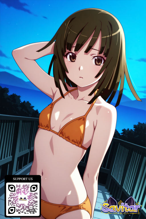 ai_generated arm_behind_head bangs bikini black_hair blush breasts brown_eyes brown_hair clavicle closed_mouth clothing cloud cowboy_shot female female littlehentai looking_at_viewer medium_breasts medium_hair monogatari_(series) navel night orange_bikini orange_swimsuit outdoors parted_lips savitar savitar_(artist) sengoku_nadeko short_hair sky small_breasts solo string_bikini swimsuit yellow_bikini yellow_swimsuit