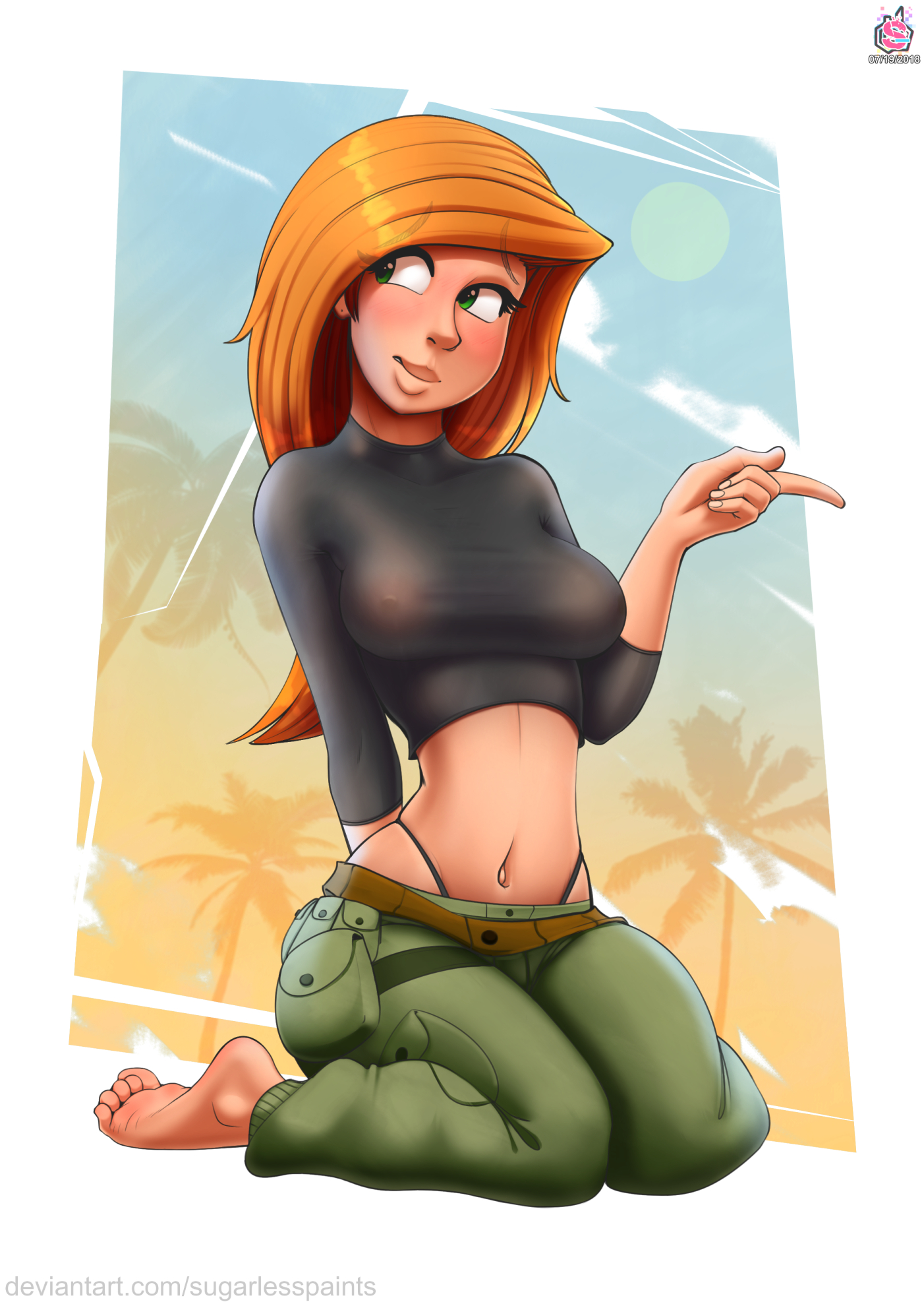 1girls, black panties, breasts, cargo pants, crop top, disney, female, female only, green eyes, highleg panties, kim possible, kimberly ann possible, kneeling, long hair, medium breasts, midriff, navel, orange hair, panties, pants, shirt, solo, sugarlesspaints