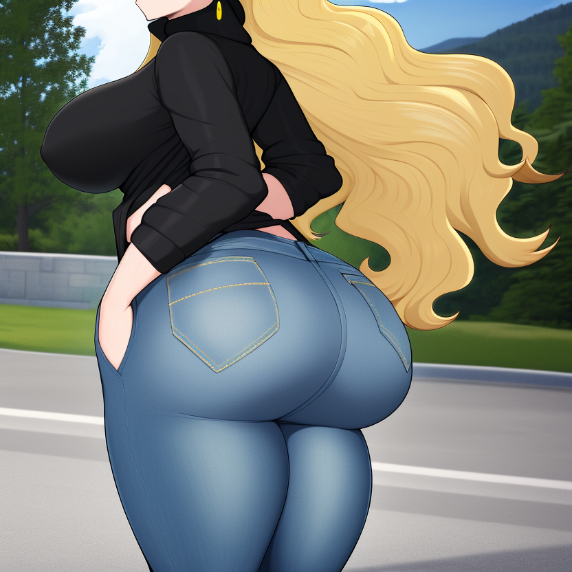 1girls ai_generated alborewimi ass ass_focus big_ass big_breasts big_butt black_shirt blonde_hair blue_jeans boobs_and_butt_pose curvy denim denim_bottomwear denim_clothing denim_jeans elf fat_ass female from_behind jeans light-skinned_female nai_diffusion out_of_frame outdoors pawg pockets pointy_ears rear_view round_ass round_butt solo_focus stable_diffusion standing thick_ass tight_jeans turtleneck