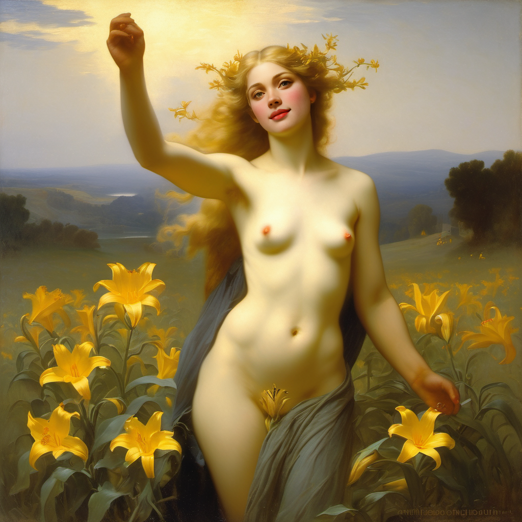 ai_generated belly blonde_hair blue_eyes breasts convenient_censoring curly_hair curvy field flower flower_field flowers_in_hair lips long_hair navel nipples nude presenting realistic small_breasts smile solo sun william_bouguereau