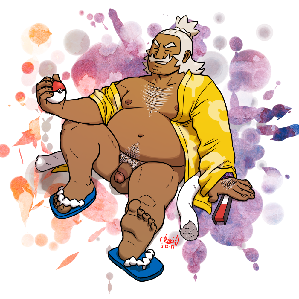 artist_request balls bara belly facial_hair fat fat_man flaccid hala_(pokemon) male male_only moustache muscles muscular nintendo overweight overweight_male pantsless penis pokemon sitting solo solo_male