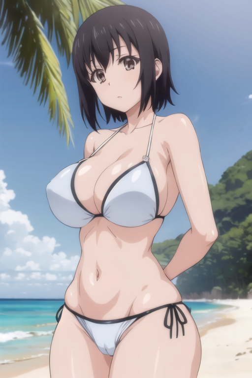 ai_generated beach bikini black black_hair black_hair_female kotone_shirakawa overflow_(series) swimsuit swimwear white_bikini white_swimsuit white_swimwear